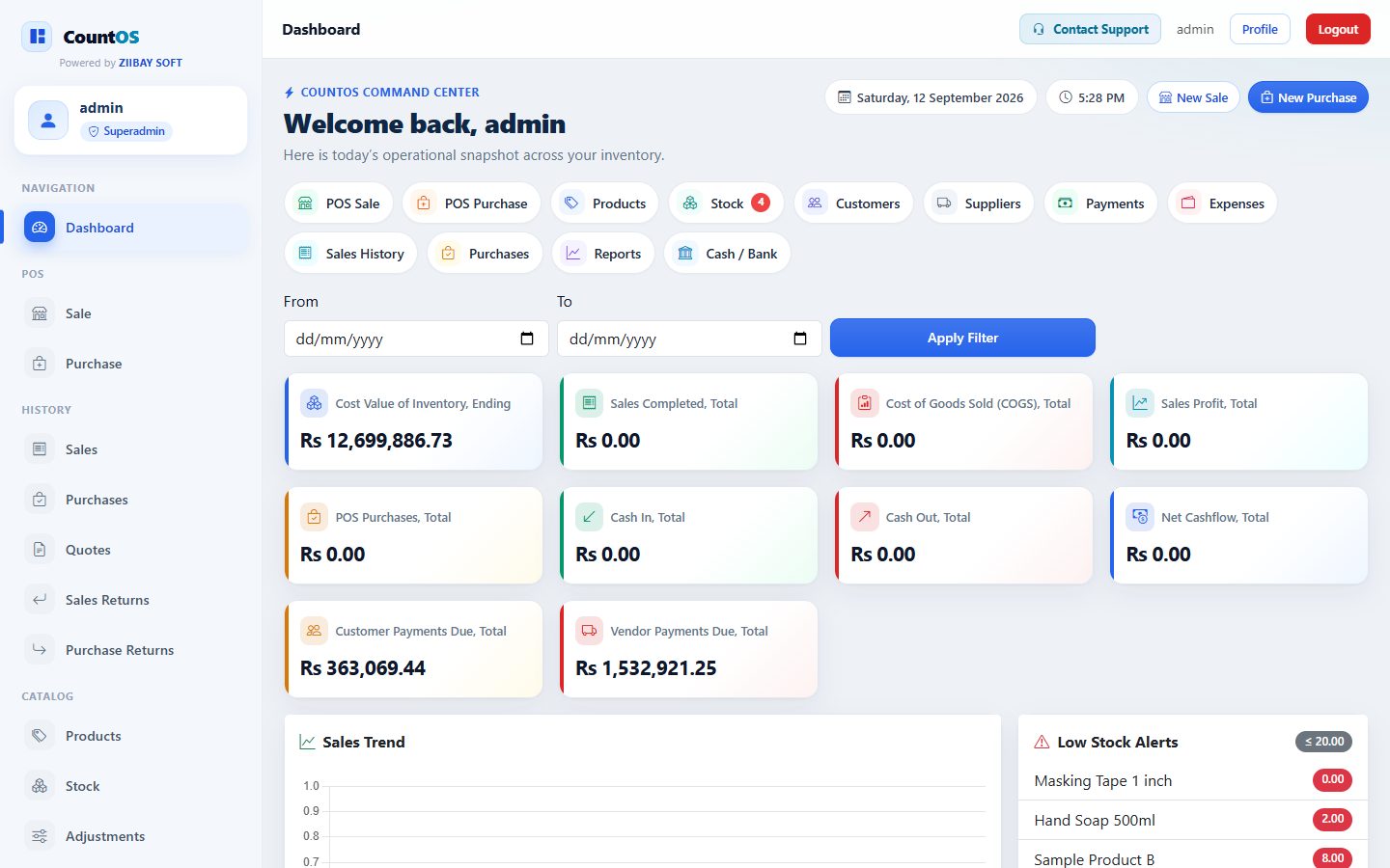 CountOS command center dashboard with inventory value, sales, COGS, profit, cashflow, and low-stock alerts