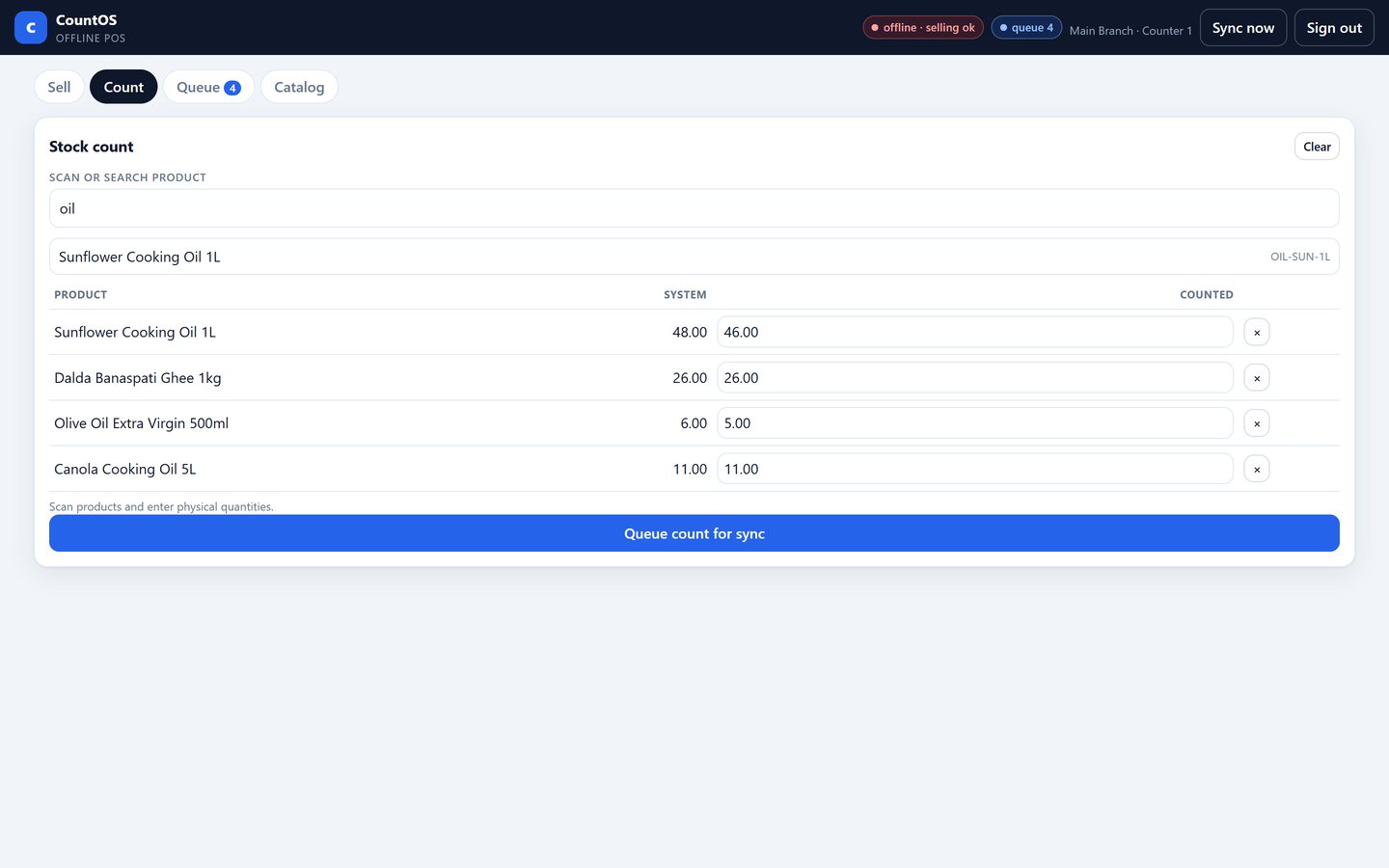 CountOS Offline POS offline stock count comparing system quantity with counted quantity