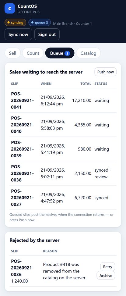 CountOS Offline POS outbox on a phone till: three offline sales waiting to sync, with the branch, till name and offline status in the header