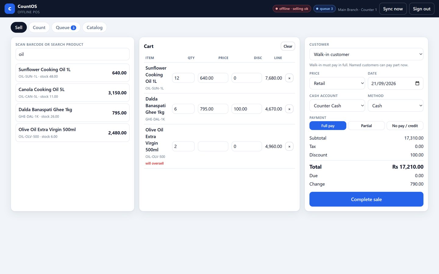 CountOS Offline POS selling an oil cart while the connection is down, with the offline status pill and three sales queued in the outbox