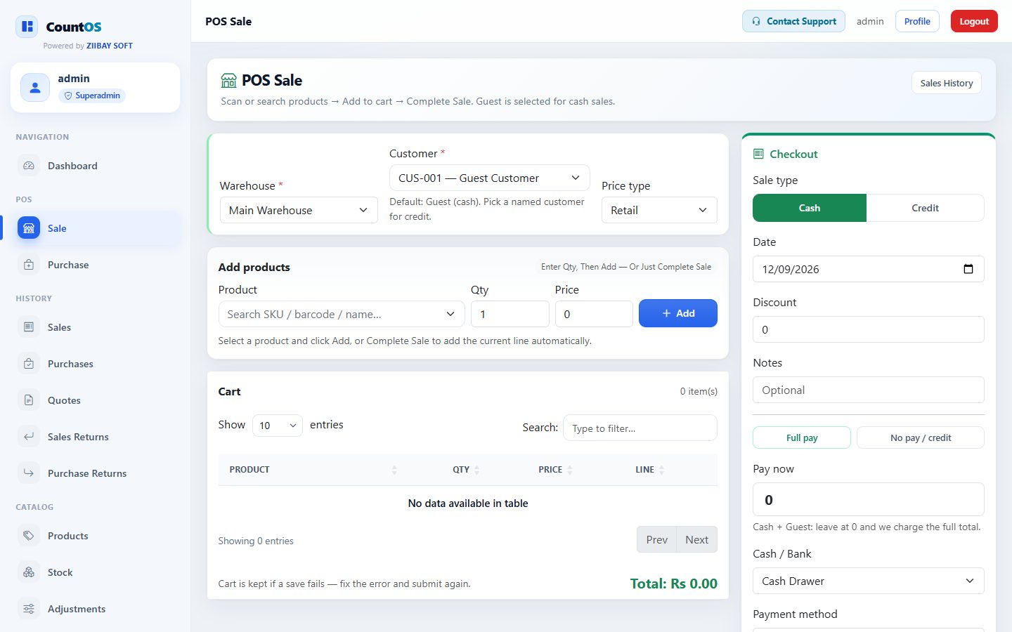CountOS POS sale with barcode search, cart, and cash or credit checkout