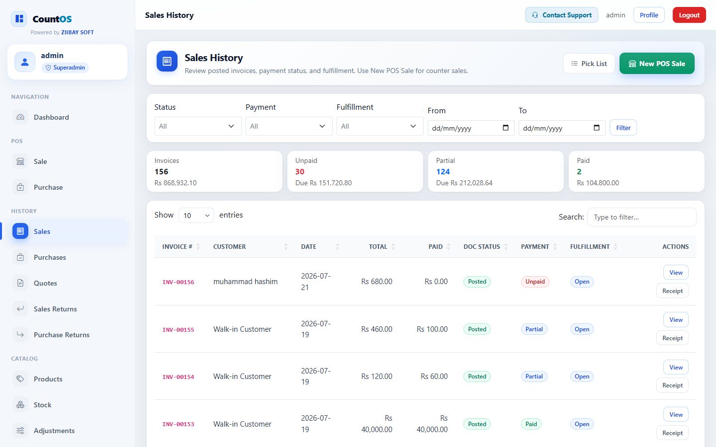 CountOS sales invoice history used after POS posting